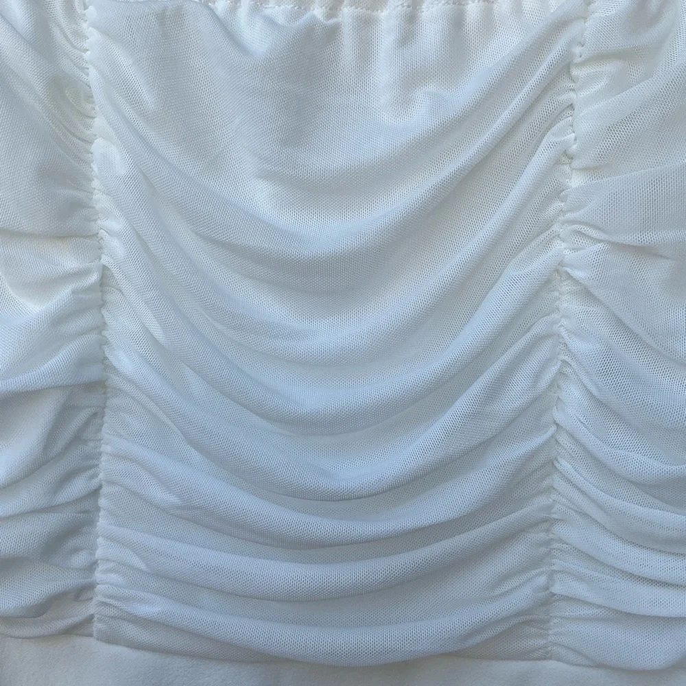 NWT Lulu’s Elegant Eternity White Mesh Ruched Off-the-Shoulder Mini Dress Medium